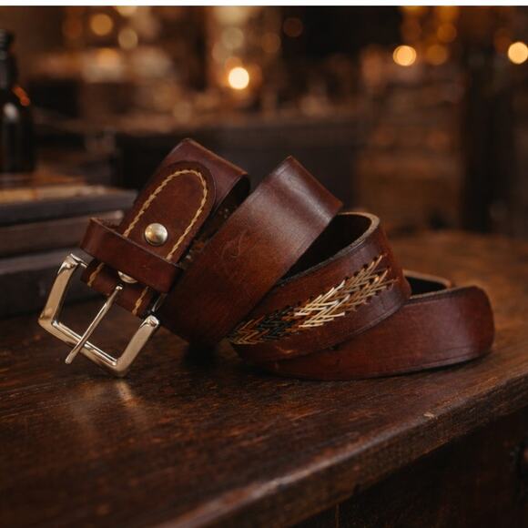Women’s Vintage Brown Leather Belt Western Boho Woven Silver Buckle 43\